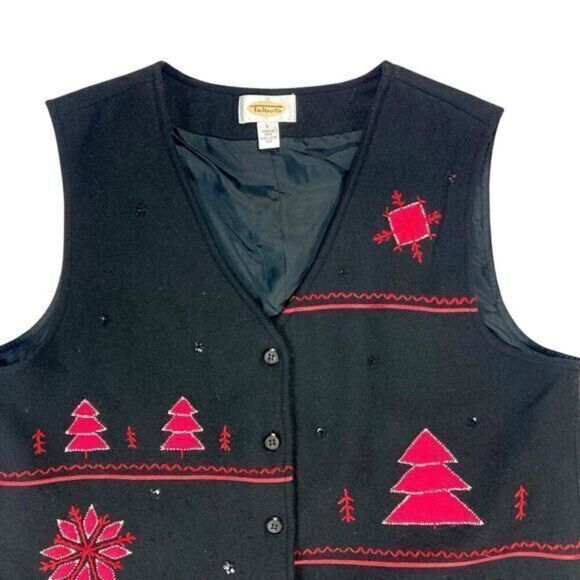Talbots Holiday Vest Womens Large Black Red Wool Appliqué Embroidered Christmas - Picture 2 of 11